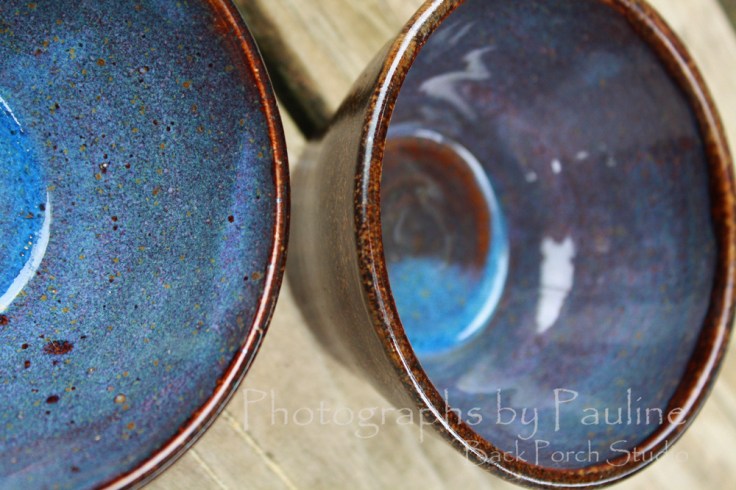 A new glaze combination - brown on the outside with hues of purples and blues on the inside. 
